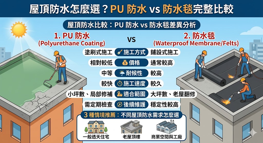想做好屋頂防水，不能只看價格或單純補裂縫。本文整理屋頂防水常見工法差異，包含 PU 防水與防水毯比較、適合情境、費用影響因素與施工避雷重點，幫助你依照屋況、漏水程度與預算，選出更適合的屋頂防水方式，降低反覆漏水風險。
