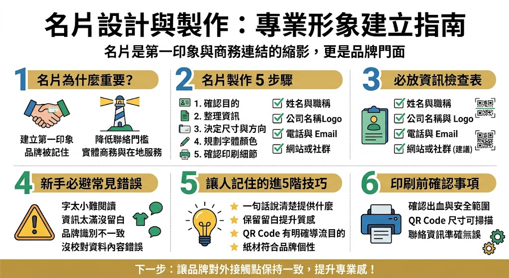 名片不只是交換聯絡方式的小卡，更是品牌形象、專業印象與客戶信任的重要入口。好的名片設計需要兼顧資訊清楚、版面美感、紙材選擇與聯絡便利性，讓收到名片的人能快速了解你是誰、提供什麼服務，並在需要時順利聯繫你。