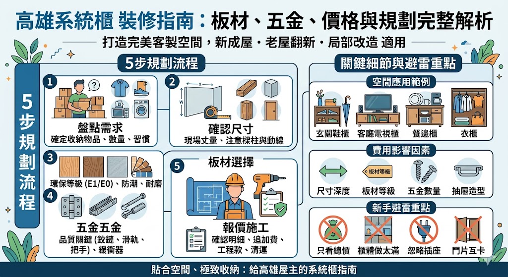 想規劃高雄系統櫃卻不知道從哪裡開始？本文整理高雄系統櫃的適用空間、常見規劃方式、板材五金選擇、報價比較、施工流程與驗收重點，幫助屋主在新成屋裝修、老屋翻新或小坪數收納改造前，先掌握實用判斷方向，避免只看價格而忽略品質、動線與日後使用便利性，打造更符合生活需求的居家收納空間。